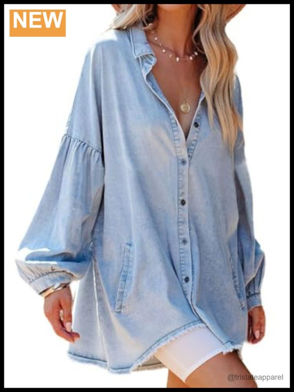 Oversized Distressed Denim Button Down Tunic Dress Mini Jean Shirt with Pockets